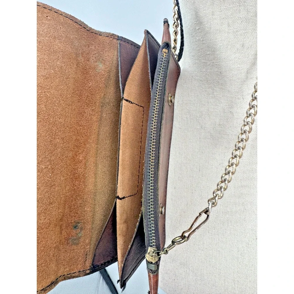 Vintage Full Grain Leather Metal Chain Snap Buttons Bifold Wallet Biker Trucker